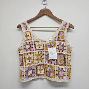 NEW Rebellion Again Cropped Tank Top Crochet Knit Granny Square Patchwork M Boho